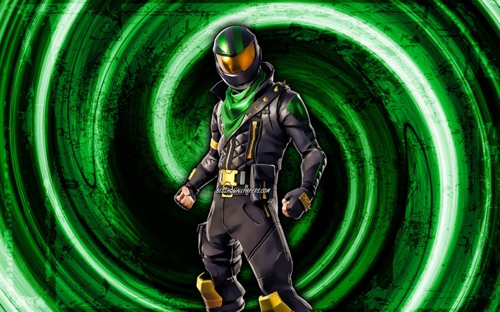 4k, Lucky Rider, fond grunge vert, Fortnite, vortex, personnages Fortnite, peau de Lucky Rider, Fortnite Battle Royale, Lucky Rider Fortnite