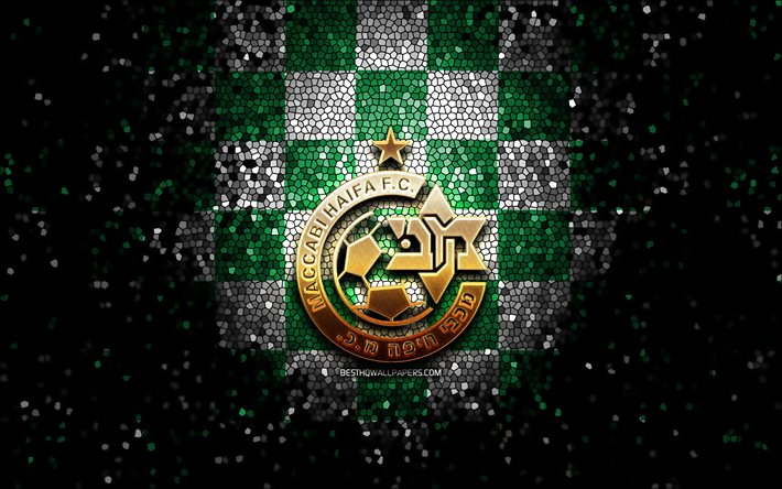 Maccabi Haifa FC, glitter logo, Ligat ha Al, yeşil beyaz damalı arka plan, futbol, İsrail Futbol Kul&#252;b&#252;, Maccabi Haifa logo, mozaik sanatı, Maccabi Haifa, İsrail
