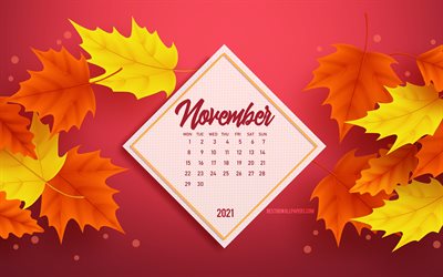 Calendario novembre 2021, 4k, sfondo viola con foglie autunnali, sfondo autunnale, novembre, foglie autunnali 3d