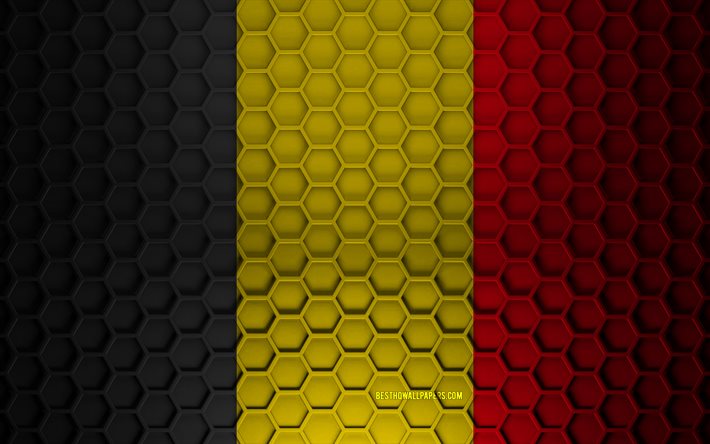 Drapeau de la Belgique, texture des hexagones 3d, Belgique, texture 3d, drapeau de la Belgique 3d, texture en m&#233;tal, drapeau de la Belgique