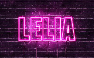 Lelia, 4k, fonds d&#39;&#233;cran avec des noms, noms f&#233;minins, nom Lelia, n&#233;ons violets, joyeux anniversaire Lelia, noms f&#233;minins arabes populaires, photo avec le nom Lelia