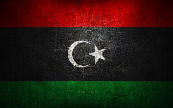 Drapeau libyen en m&#233;tal, art grunge, pays africains, jour de la Libye, symboles nationaux, drapeau de la Libye, drapeaux en m&#233;tal, Afrique, drapeau libyen, Libye