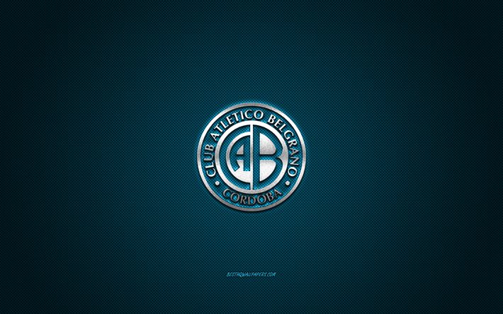 Club Atletico Belgrano, Argentine football club, white logo, blue carbon fiber background, Primera B Nacional, football, Cordoba, Argentina, Club Atletico Belgrano logo