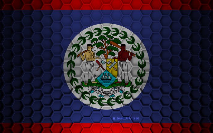 Belize flag, 3d hexagons texture, Belize, 3d texture, Belize 3d flag, metal texture, flag of Belize