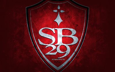 Stade Brestois 29, French football team, red background, Stade Brestois 29 logo, grunge art, Ligue 1, France, football, Stade Brestois 29 emblem