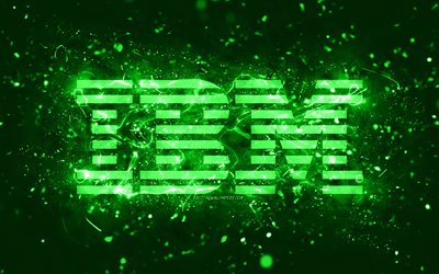 IBM green logo, 4k, green neon lights, creative, green abstract background, IBM logo, brands, IBM