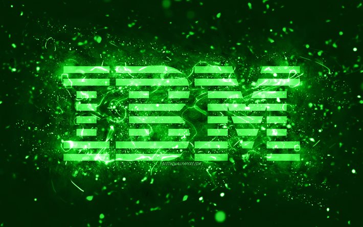IBM gr&#246;n logotyp, 4k, gr&#246;na neonljus, kreativ, gr&#246;n abstrakt bakgrund, IBM-logotyp, varum&#228;rken, IBM