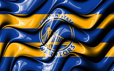 Bandiera dei Golden State Warriors, 4k, onde 3D blu e gialle, NBA, squadra di basket americana, logo dei Golden State Warriors, basket, Golden State Warriors