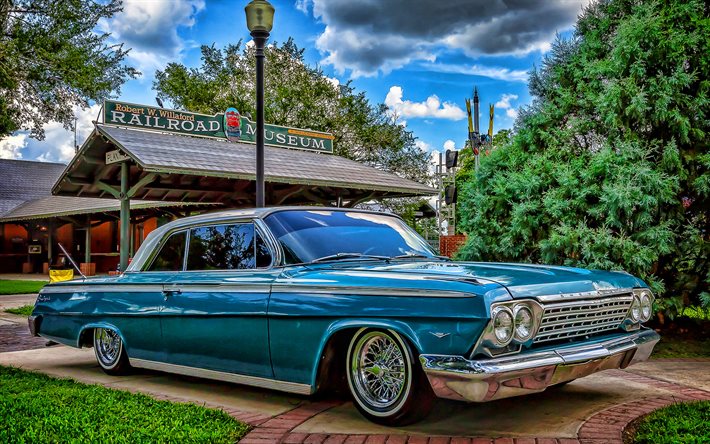 chevrolet impala ss, hdr, 1963 autos, tuning, retro-autos, blauer impala, 1963 chevrolet impala, amerikanische autos, chevrolet