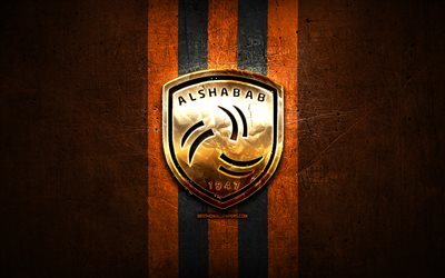Al Shabab FC, golden logo, Saudi Professional League, orange metal background, football, saudi football club, Al Shabab logo, soccer, Al-Shabab FC