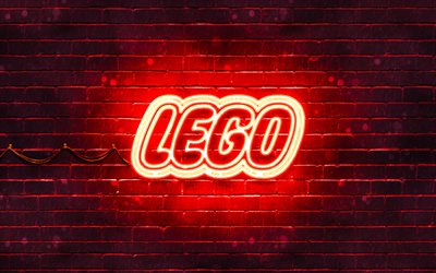 Logo rosso LEGO, 4k, muro di mattoni rossi, logo LEGO, marchi, logo neon LEGO, LEGO
