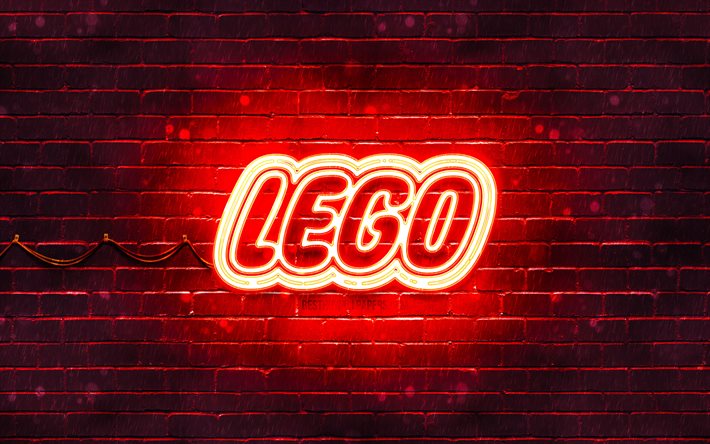 LEGO kırmızı logo, 4k, kırmızı brickwall, LEGO logo, markalar, LEGO neon logo, LEGO