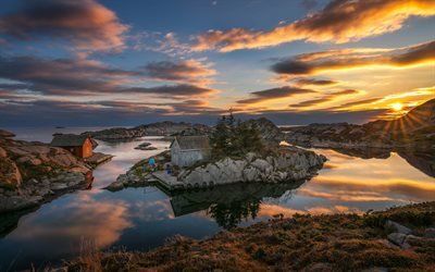 Rogaland, puesta de sol, bah&#237;a, casas en la costa, el mar, Noruega