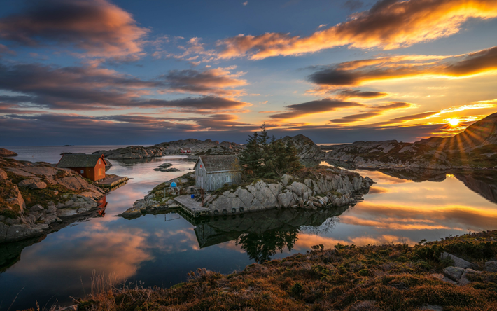 Rogaland, Sunset, bay, houses on the shore, sea, Norway