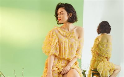 Lucy Hale, American actress, portrait, dress with yellow flowers, fashion model