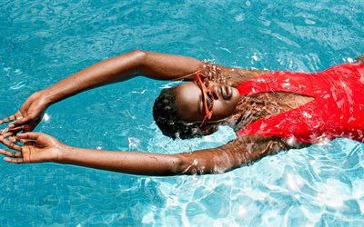 Lara Adekola, 4k, photomodels, beauty, brunette, swimming pool