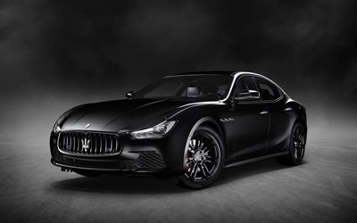 Maserati Ghibli, 4k, Nerissimo Black Edition, 2018, Ajuste Ghibli, sedan desportivo, preto Ghibli, Carros italianos, Maserati