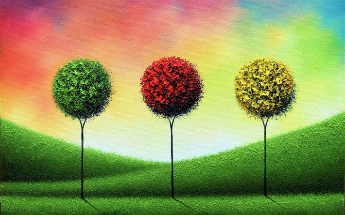 colorful trees, autumn, summer, circle tree, art