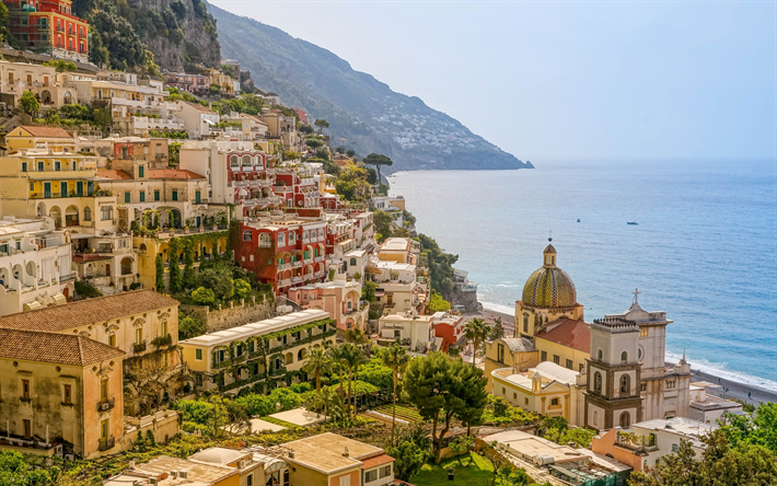 Amalfi, Sorrento, dağlar, deniz, yaz, Seyahat, İtalya, Campania
