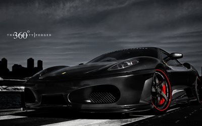 Ferrari F430, 4k, 360 smidda, tuning, svart F430, italienska bilar, Ferrari