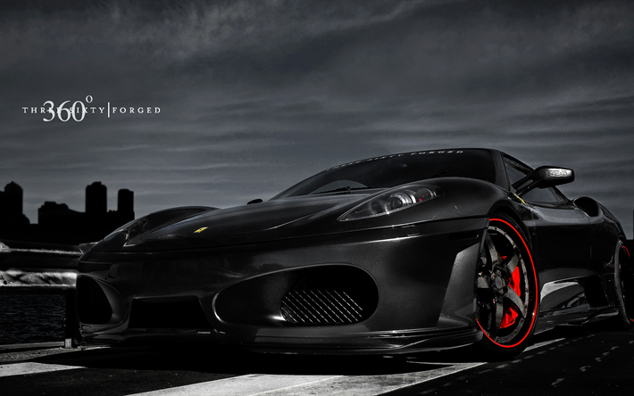 Ferrari F430, 4k, 360 d&#246;vme, ayarlama, siyah F430, İtalyan arabaları, Ferrari