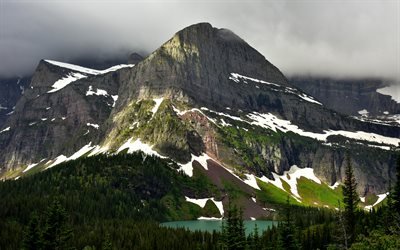 Glacier, mountains, mountain lake, forest, glacial lake, Montana, USA, national park