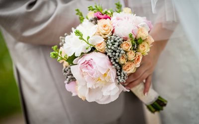 Bouquet da sposa, peonie, sposa, abito da sposa bianco, nozze, bouquet