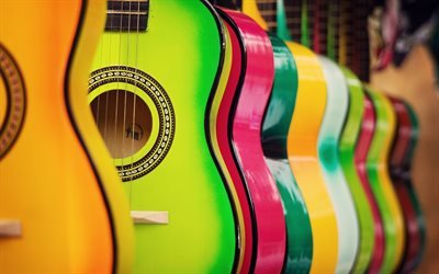 Multicolored guitars, guitar shop, music, wooden guitars