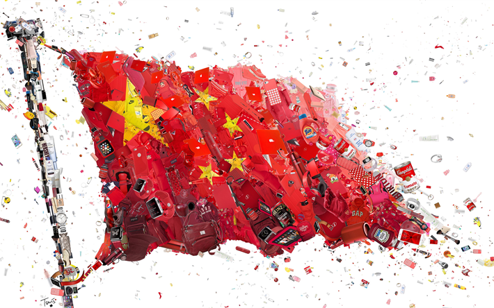 Drapeau chinois, 4k, l&#39;art, la cr&#233;ativit&#233;, le drapeau de la Chine
