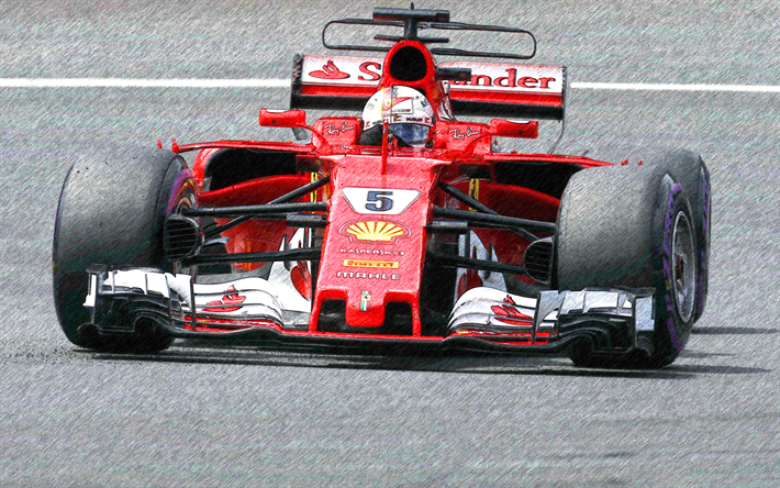 Sebastian Vettel, maalauksia, Ferrari SF70H, F1, Formula 1, Scuderia Ferrari, art