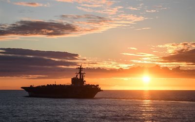 aircraft carrier, USS George H W Bush, Nimitz-class, CVN-77, American nuclear aircraft carrier, sunset, ocean, US Navy