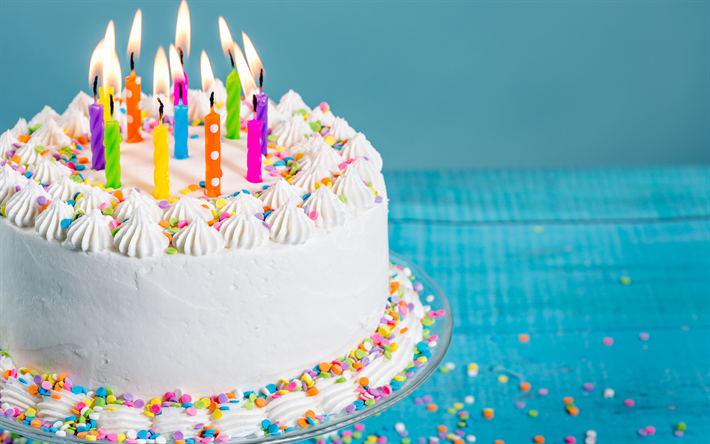 Happy birthday, candles, cake, birthday cake, sweets, White cake