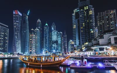 Dubai, Notte, grattacieli, moderno, architettura, baia, le barche, le mille e una notte, UAE, Emirati Arabi Uniti