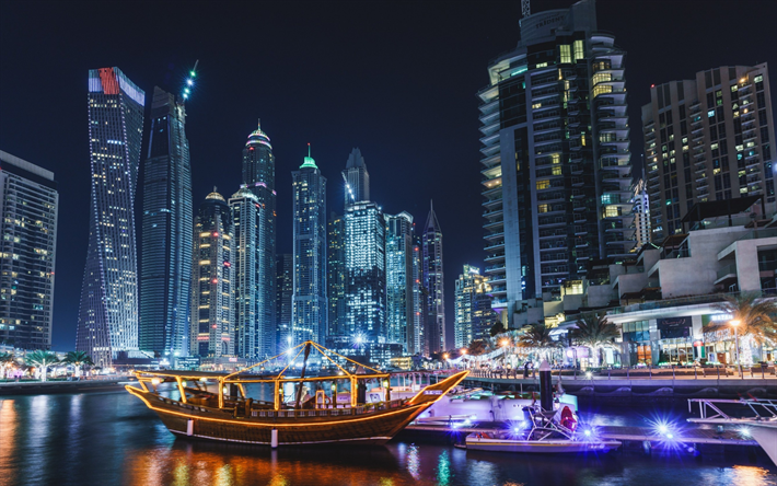 Dubai, Night, skyscrapers, modern architecture, bay, boats, arabian night, UAE, United Arab Emirates