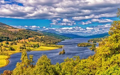 Scotland, 4k, lake, hills, HDR, forest