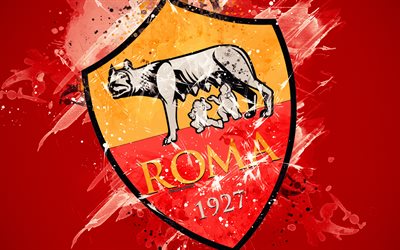 AS Roma, 4k, paint taidetta, luova, Italian jalkapallojoukkueen, Serie, logo, tunnus, punainen tausta, grunge-tyyliin, Rooma, Italia, jalkapallo