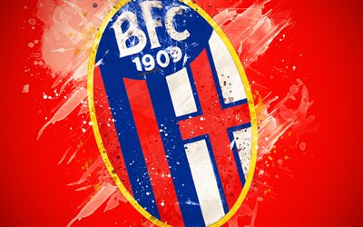 Bologna FC, 4k, m&#229;la konst, kreativa, Italiensk fotboll, Serie A, logotyp, emblem, r&#246;d bakgrund, grunge stil, Bologna, Italien, fotboll