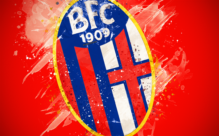 Bologna FC, 4k, الطلاء الفن, الإبداعية, الإيطالي لكرة القدم, دوري الدرجة الاولى الايطالي, شعار, خلفية حمراء, أسلوب الجرونج, بولونيا, إيطاليا, كرة القدم
