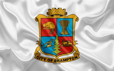 Flaggan i Brampton, 4k, siden konsistens, Kanadensiska staden, vit silk flag, Brampton flagga, Ontario, Kanada, konst, Nordamerika, Brampton
