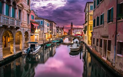 4k, Venedig, sunset, kanalen, Italien, b&#229;tar, kv&#228;llen Venedig, Europa