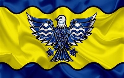 Bandeira de Burnaby, 4k, textura de seda, Cidade canadense, azul amarelo de seda bandeira, Burnaby bandeira, British Columbia, Canada, arte, Am&#233;rica Do Norte, Burnaby