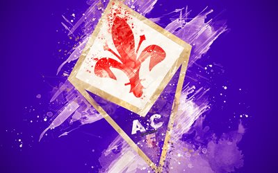 ACF Fiorentina, 4k, m&#229;la konst, kreativa, Italiensk fotboll, Serie A, logotyp, emblem, lila bakgrund, grunge stil, Florens, Italien, fotboll, Fiorentina FC