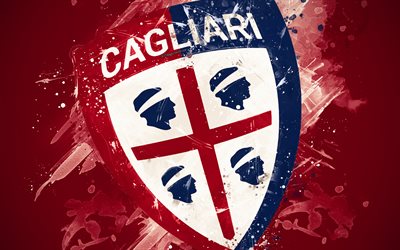 Cagliari FC, 4k, paint art, creative, Italian football team, Serie A, logo, emblem, burgundy background, grunge style, Cagliari, Italy, football, Cagliari Calcio