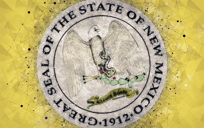 Tenuta del Nuovo Messico, 4k, emblema, arte geometrica, Nuovo Messico Sigillo dello Stato, america, sfondo giallo, arte creativa, Nuovo Messico, stati UNITI, i simboli di stato USA