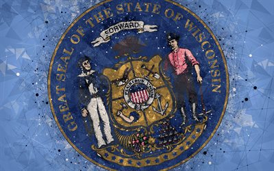 Sello de Wisconsin, 4k, el emblema, el arte geom&#233;trico, Wisconsin Sello del Estado, de los estados Americanos, fondo azul, arte creativo, Wisconsin, estados UNIDOS, s&#237;mbolos de estado de estados UNIDOS