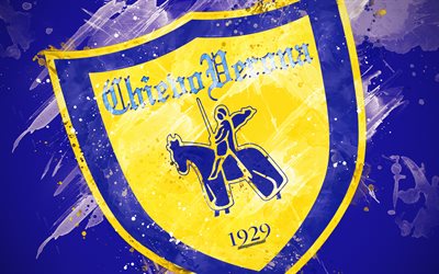 O AC Chievo Verona, 4k, a arte de pintura, criativo, Time de futebol italiano, Serie A, logo, emblema, fundo azul, o estilo grunge, Verona, It&#225;lia, futebol, O AC Chievo