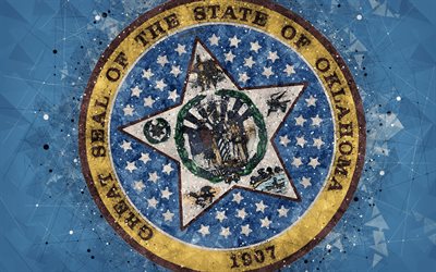 seal of oklahoma, 4k, emblem, geometrische kunst, oklahoma state seal, amerikanischer staaten, blauer hintergrund, kreative kunst, oklahoma, usa, staatliche symbole usa