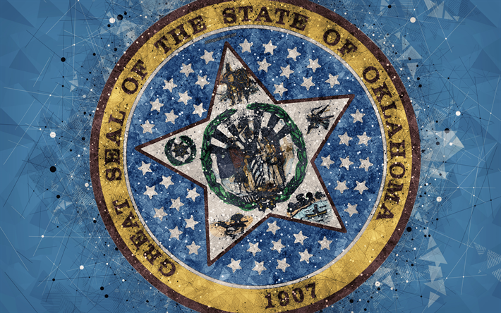 Seal of Oklahoma, 4k, tunnus, geometrinen taide, Oklahoma Valtion Sinetti, Amerikan valtioiden, sininen tausta, creative art, Oklahoma, USA, valtion symbolit USA