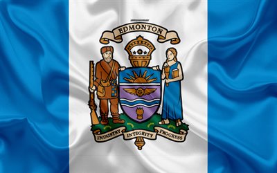 العلم من ادمونتون, 4k, نسيج الحرير, المدينة الكندية, الأزرق الأبيض الحرير العلم, ادمونتون العلم, ألبرتا, كندا, الفن, أمريكا الشمالية, ادمونتون