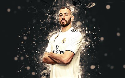 2018-2019 Karim Benzema, 4k, sezon, &#231;ocuklar, neon ışıkları, Real Madrid, Benzema, futbol, fan sanat, Ligi, Galacticos